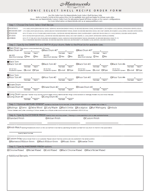 Masterworks Sonic Select Shell Recipe Order Form